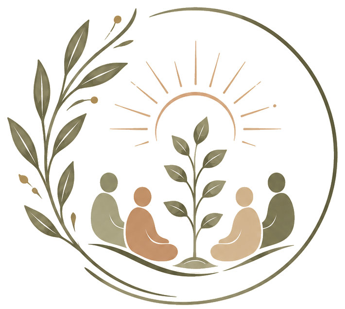 Gather & Grow logo mark: a circle of women gathered around a growing tree, beneath a rising sun
