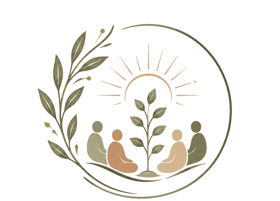 Gather & Grow logo mark: a circle of women gathered around a growing tree, beneath a rising sun