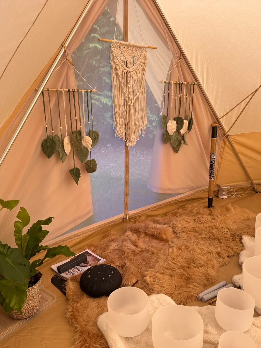 Sound healing bowls set out for a retreat session